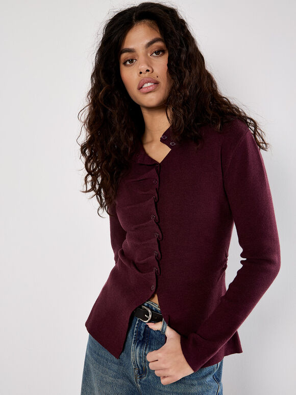 Button-Down Pleat Knit Top, Burgundy, large
