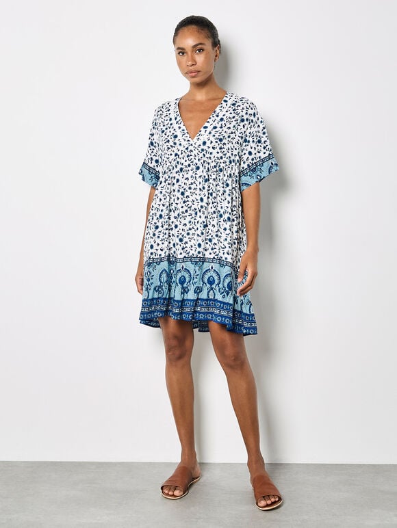 Sarasa Floral Smock Mini Dress, Blue, large