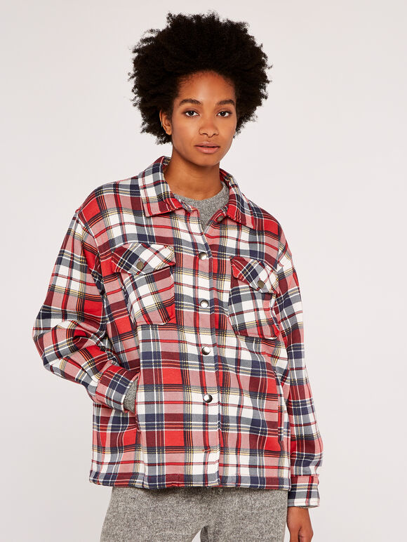 Check Button Down Shacket, Red, large
