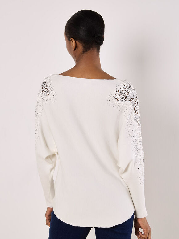 Lace Rhinestone Embellished Jumper, White, large