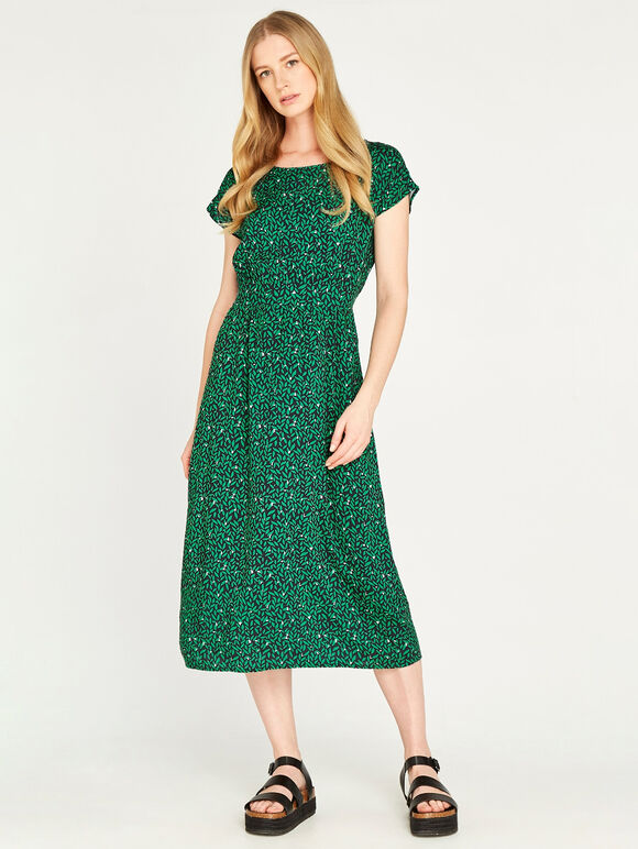 Leaf Print Tie Back Midi Dress, Green, large