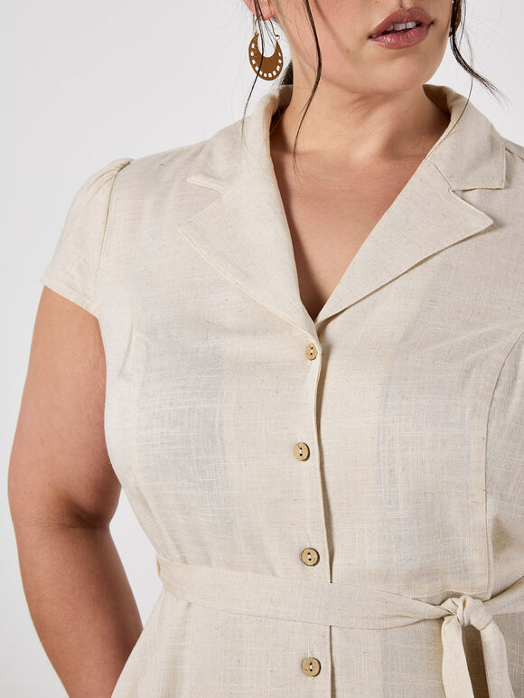Linen Blend Shirt Mini Dress, Stone, large