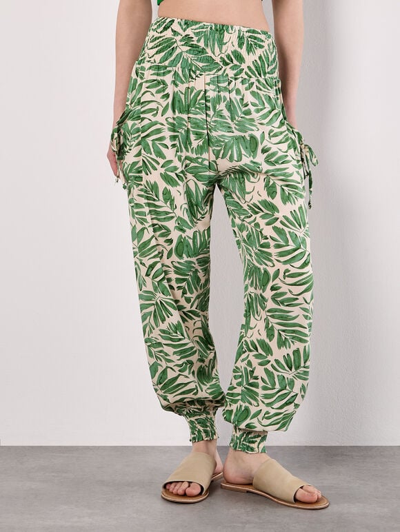 Tropical Leaf Print Tapered Joggers, Green, large
