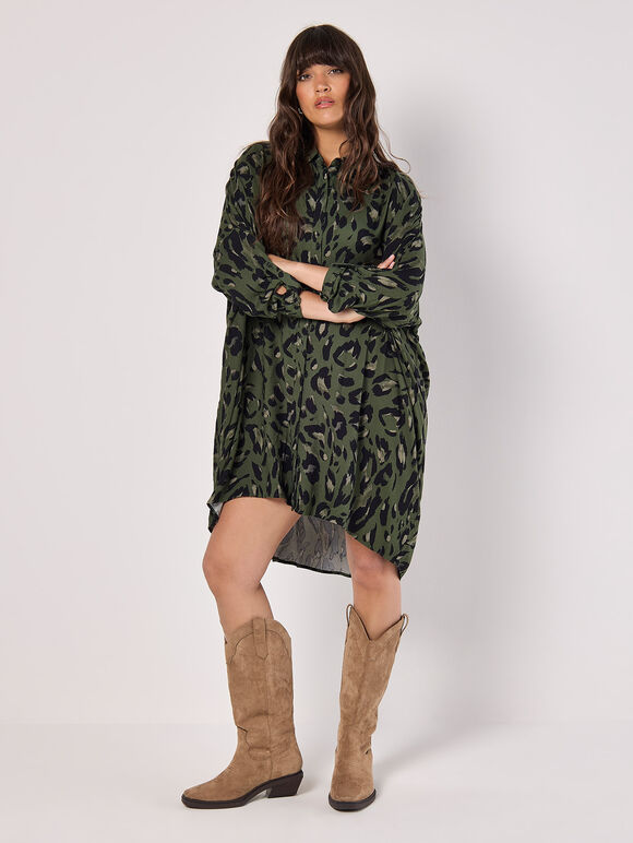 Cheetah Oversized Shirt Mini Dress, Khaki, large