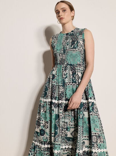 Patchwork Scarf Smocked Cotton Maxi Dress