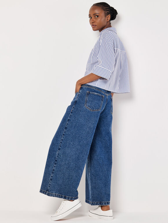 Cotton Blend Cropped Stripe Shirt, White, large