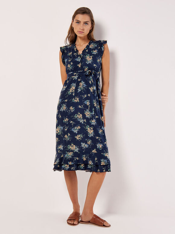 Robe mi-longue à imprimé floral, bleu marine, grand