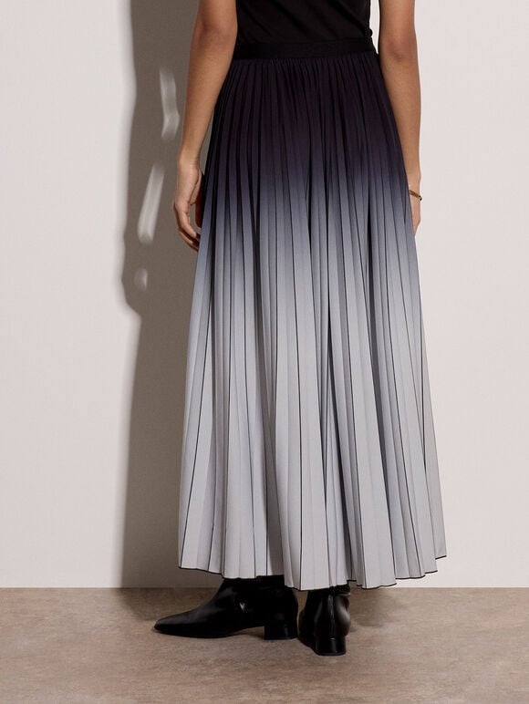 Ombre Pleated Midi Skirt, Black, large