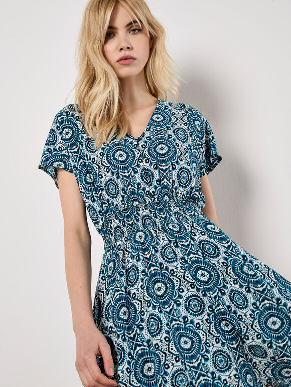 Batik Print Mini Dress, Blue, large