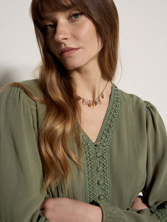 Lace Trim Tiered Midi Dress, Khaki, large