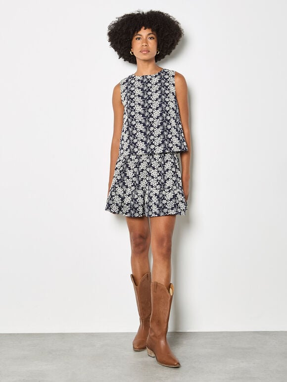 Floral Embroidered Mini Skirt, Navy, large