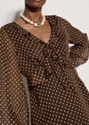 Polka Dot Chiffon Mini Dress, Brown, large