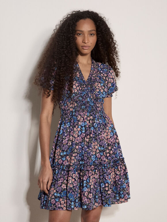 Floral Wrap Mini Dress, Navy, large