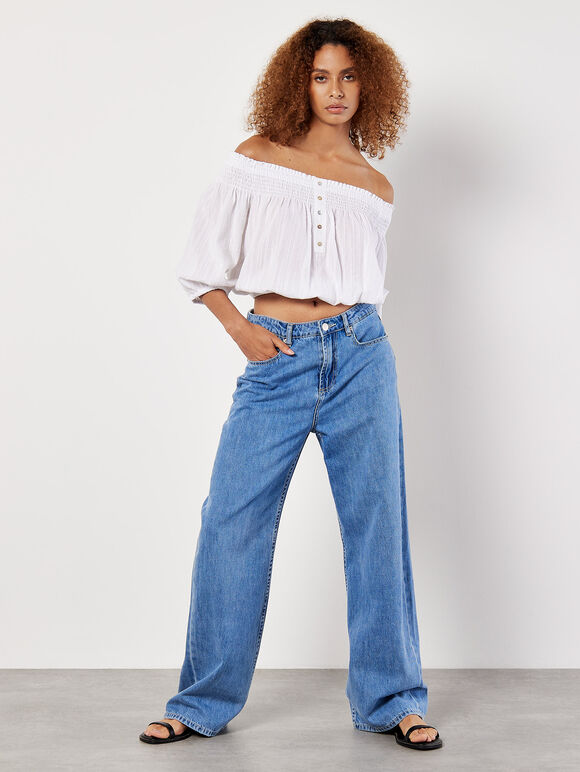 Textured Cotton Bardot Crop Top, White, large
