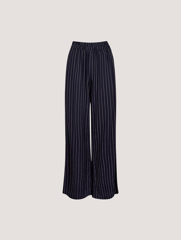 Pinstripe Linen Blend Wide-Leg Trousers, Navy, large