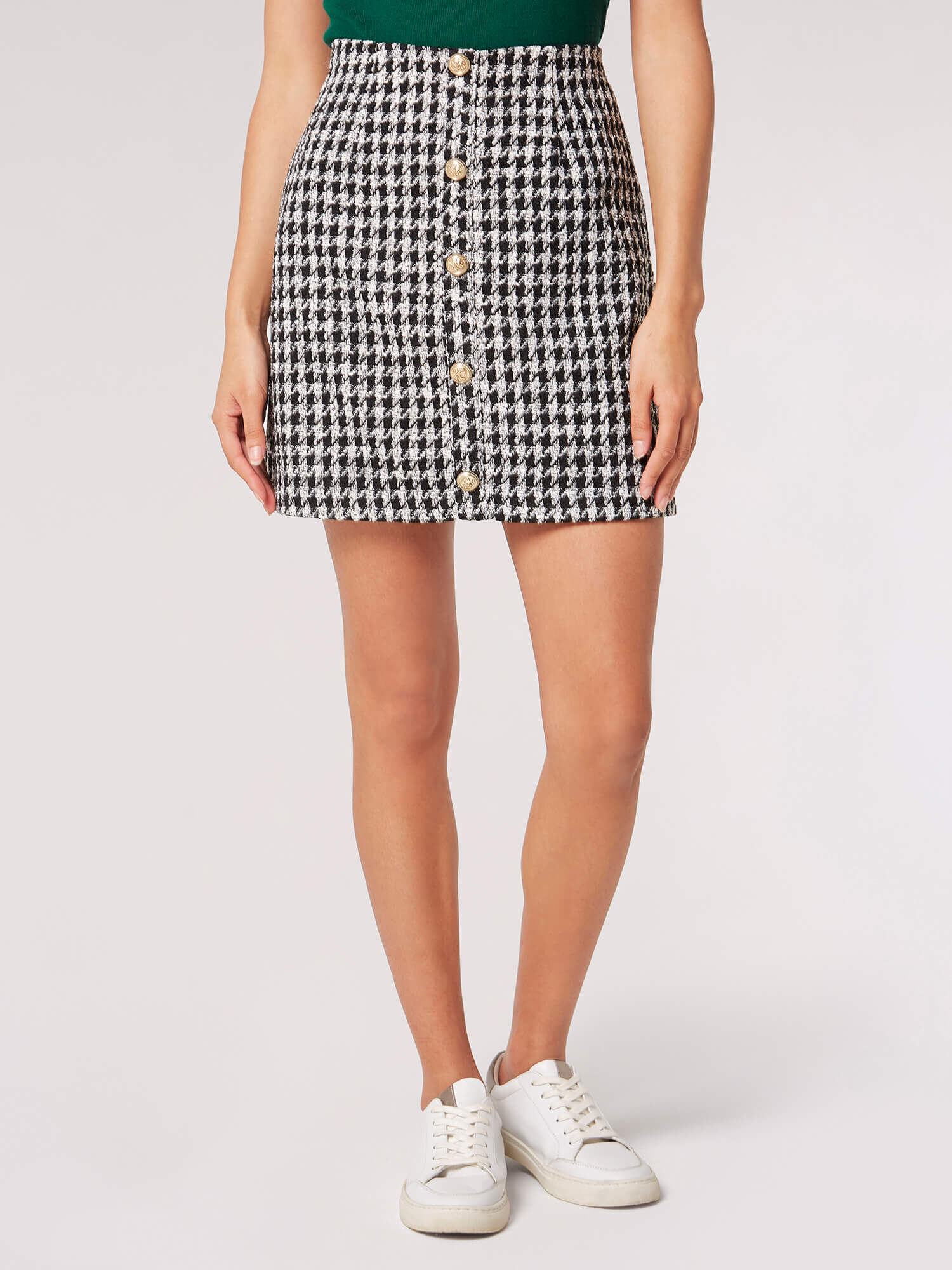 Dogtooth Buttoned Mini Skirt Apricot Clothing
