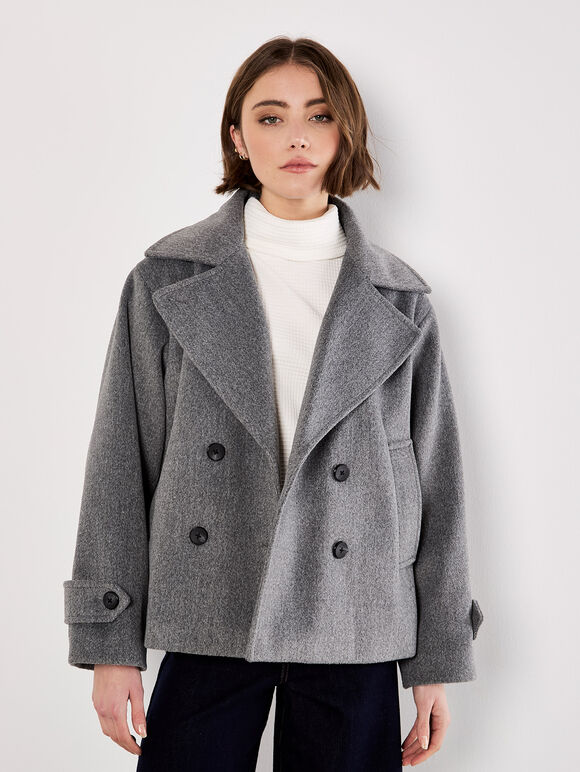 Tailored Short Peacoat Jacket, Dark Grey - Charcoal, large