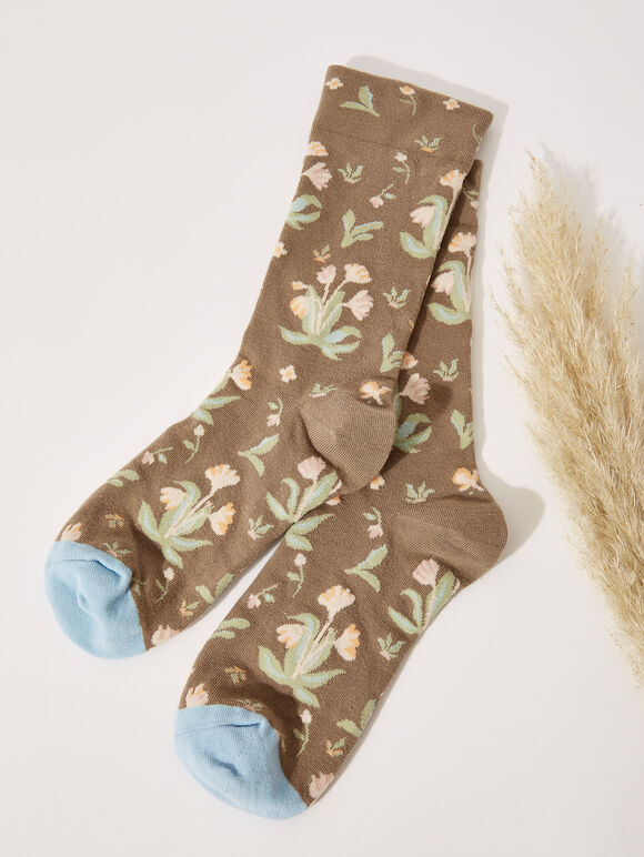 Floral Socks, Stone, large