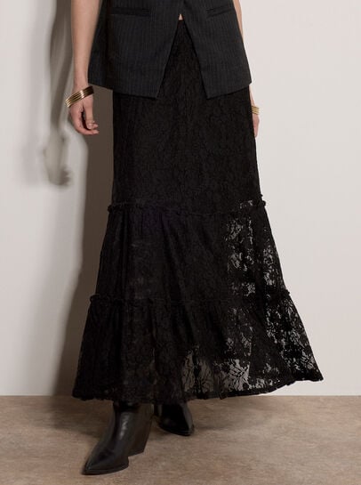 Cotton-Blend Lace Tiered Midi Skirt
