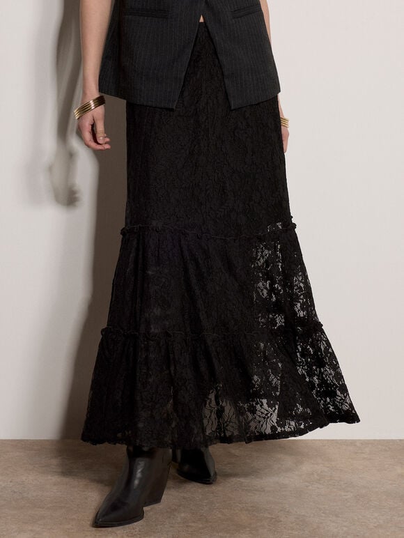 Cotton-Blend Lace Tiered Midi Skirt, Black, large