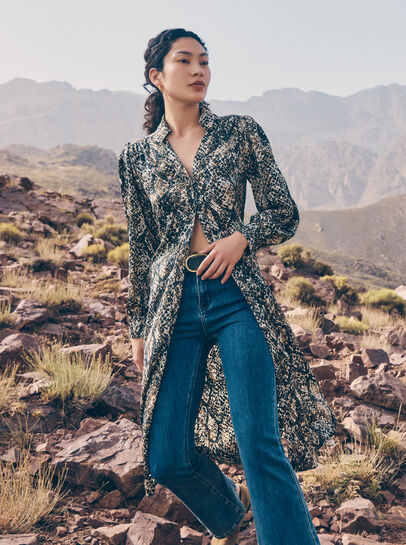 Snakeskin Print Satin Shirt Midi Dress