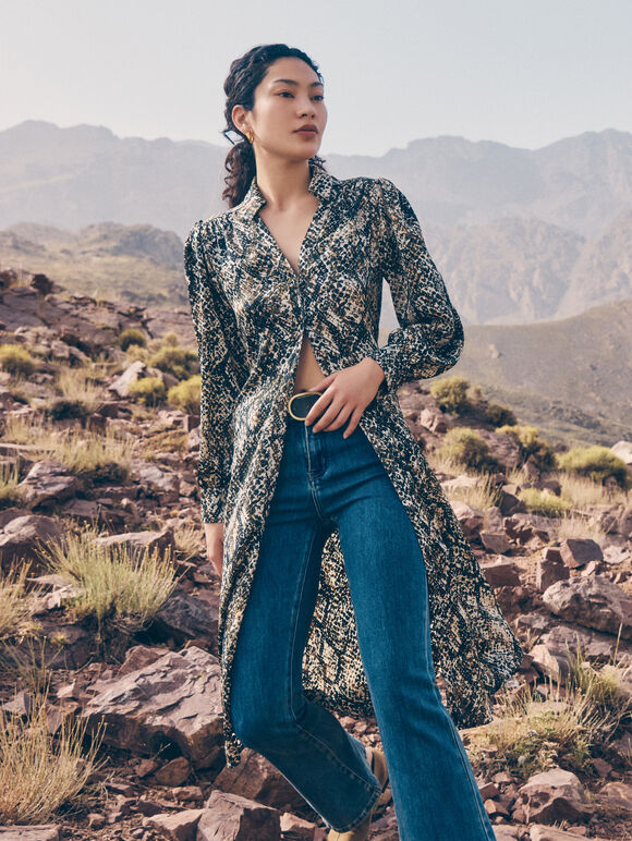 Snakeskin Print Satin Shirt Midi Dress, Grey, large