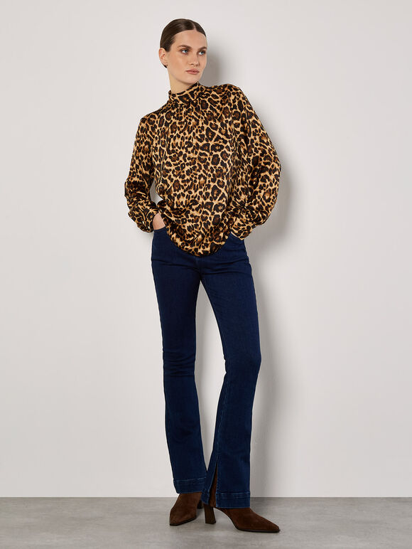 Leopard Print Satin Blouse, Brown, large