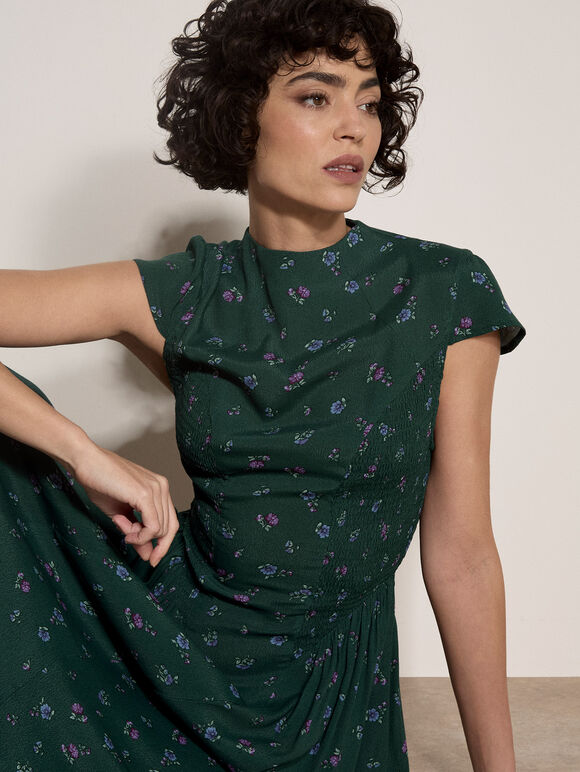 Floral Crepe Smocked Midi Dress, Green, large