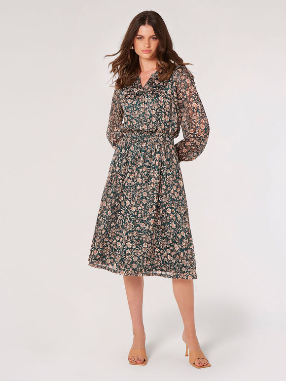 Floral Satin Sparkle Midi Dress, Green, large