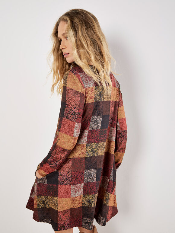 Colourful Patchwork Check Swing Mini Dress, Brown, large