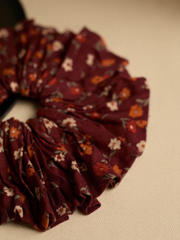 Oversized Floral Hair Scrunchie, Burgundy, large