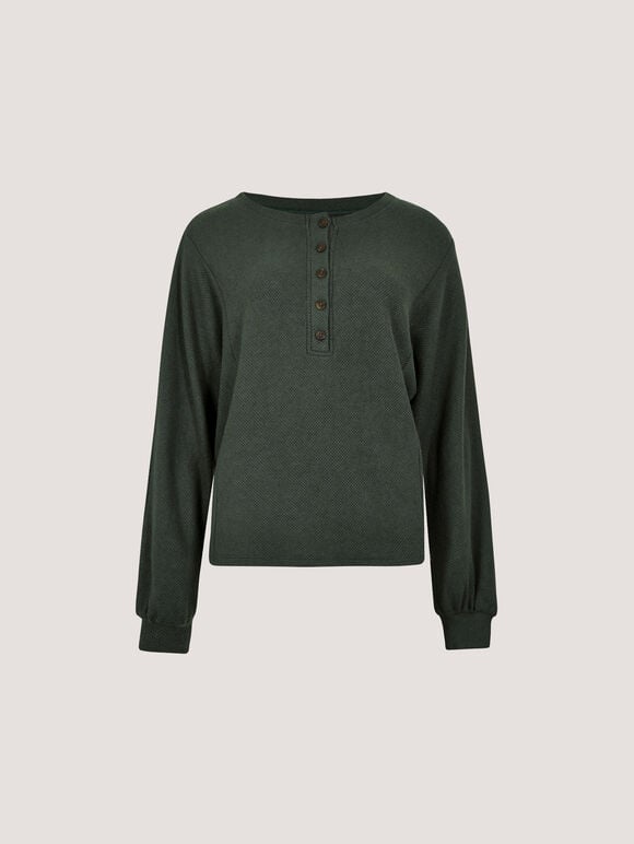 Waffle Knit Button Neck Top, Green, large