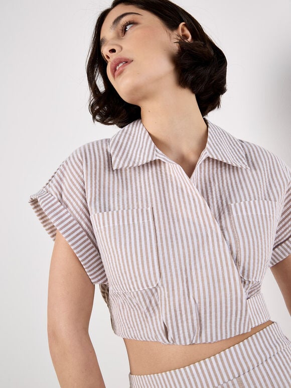 Stripe Shirt Crop Top, Stone, large