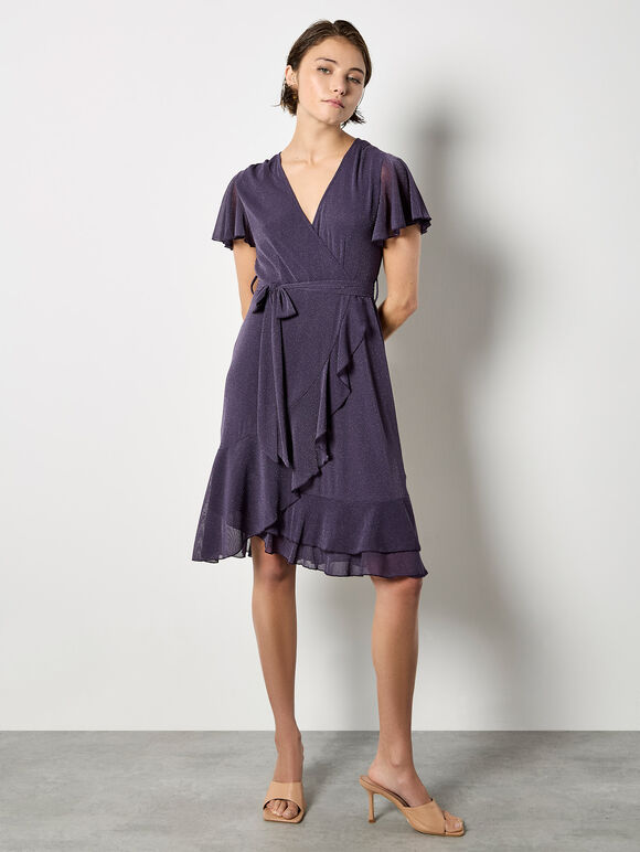 Sparkle Wrap Ruffle Mini Dress, Purple, large
