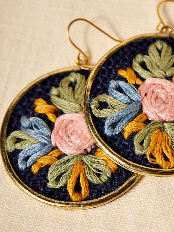 Hand Embroidered Rose Earrings, Navy, large