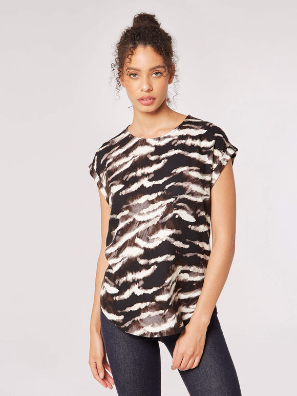 T-Shirt mit gerollten Ärmeln und Zebramuster, Schwarz, Größe L