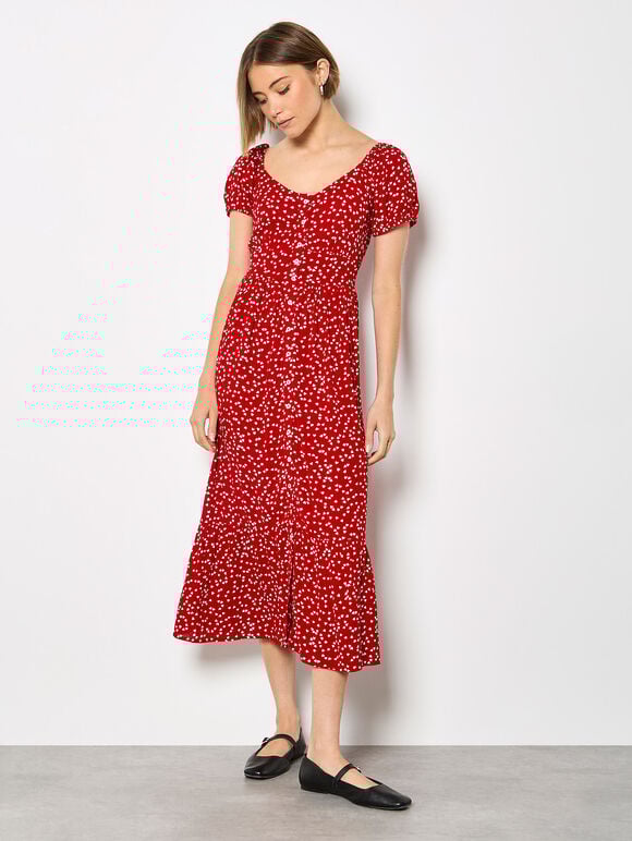 Mini Heart Print Midi Dress, Red, large