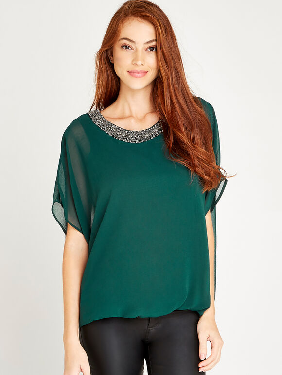 Beaded Chiffon Layer Top, Green, large