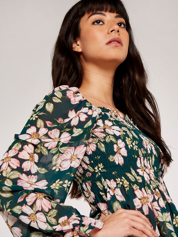 Ruffle & Smock Soft Floral Top, Green, large