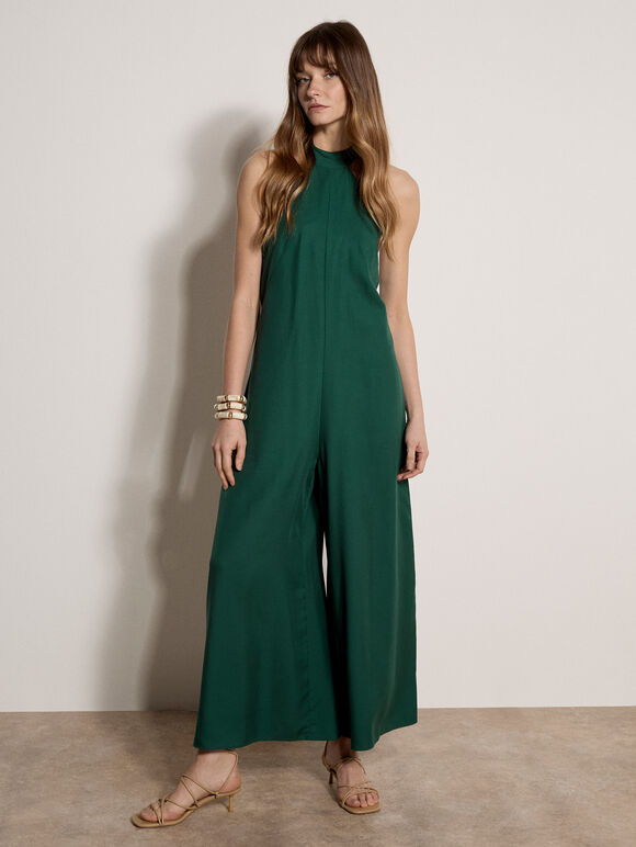 Halter Neck Wide-Leg Jumpsuit, Green, large