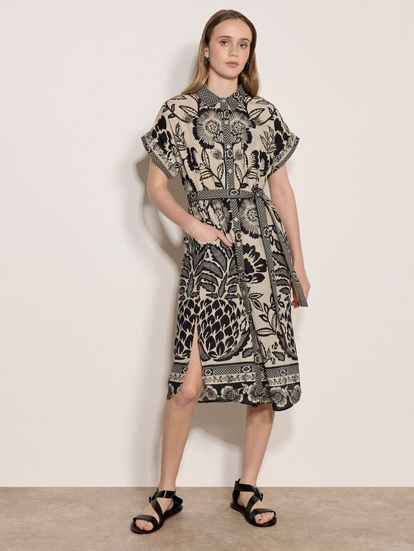 Floral Pineapple Cotton Shirt Midi Dress, Stone, large