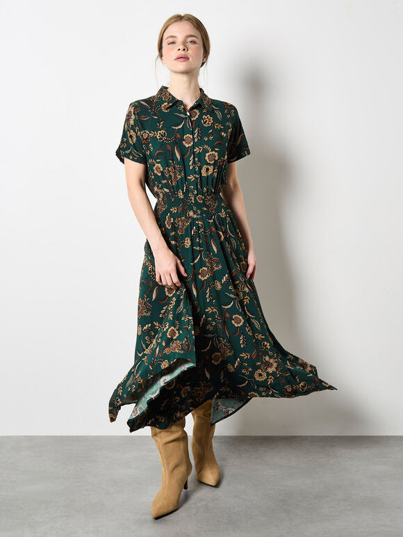 Sarasa Floral Shirt Midi Dress, Green, large