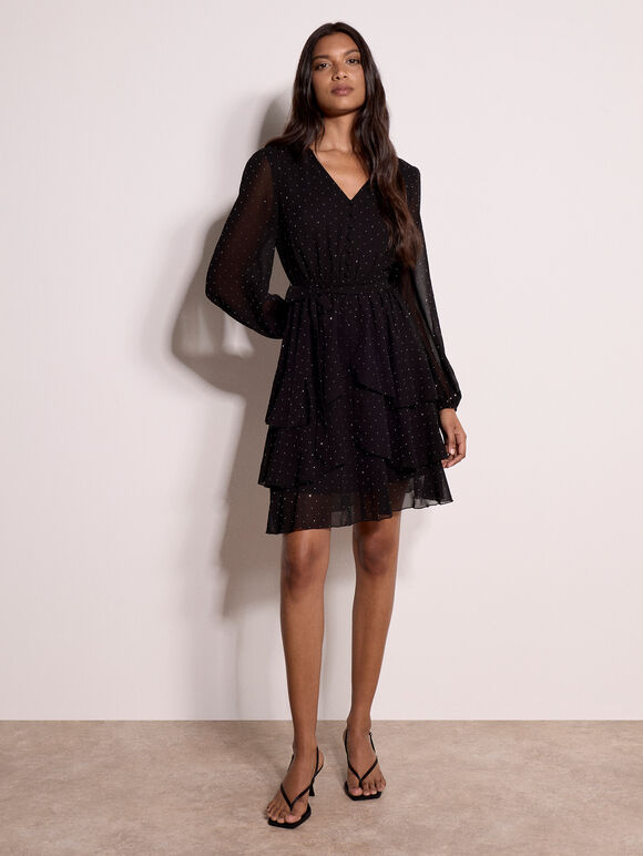Diamante Embellished Chiffon Tiered Mini Dress, Black, large