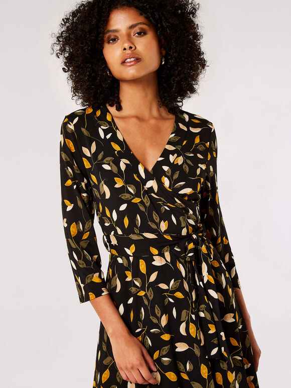 Leaf Print Wrap Maxi Dress, Black, large