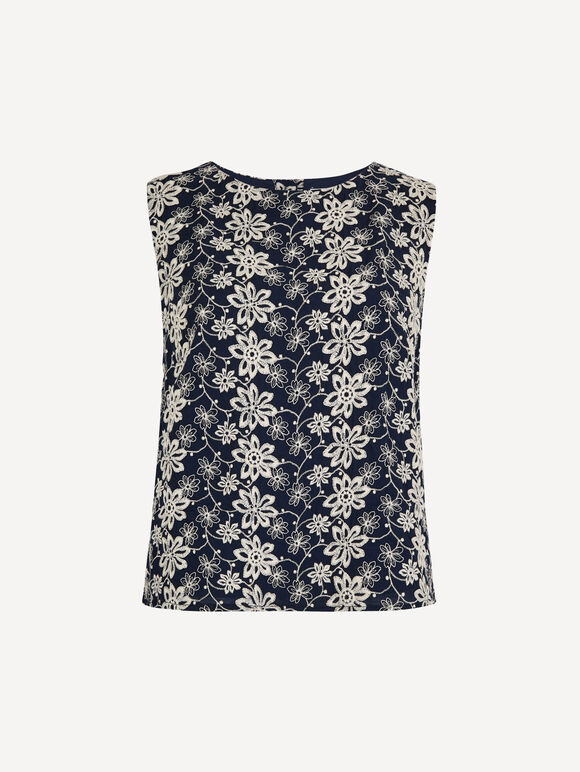 Floral Embroidered Shell Top, Navy, large