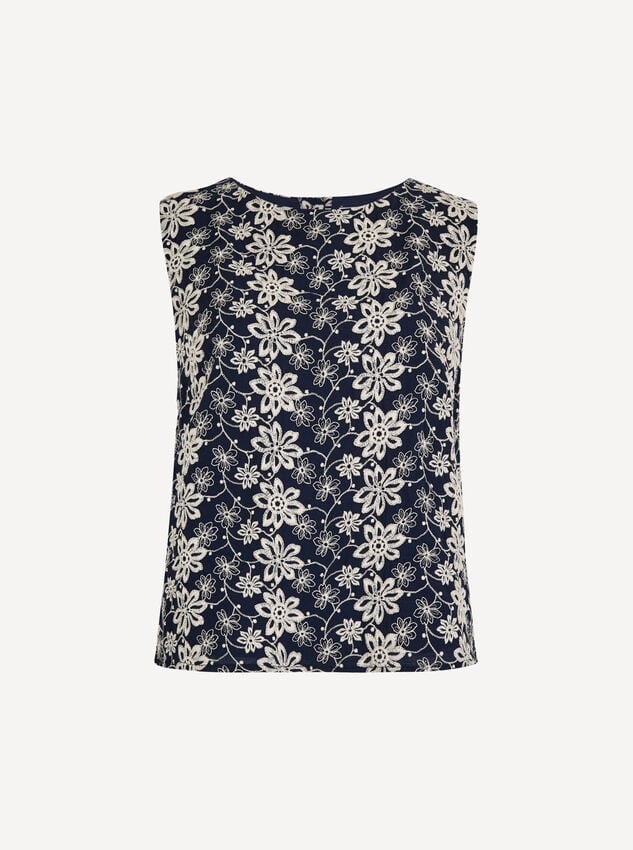 Floral Embroidered Shell Top, Navy, large
