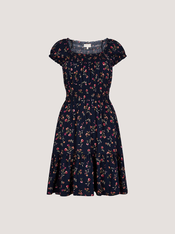 Smocked Floral Print Mini Dress, Navy, large