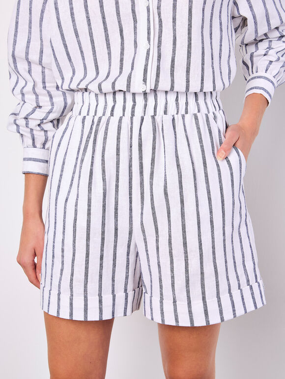 Linen Blend Stripe Shorts, Navy, large