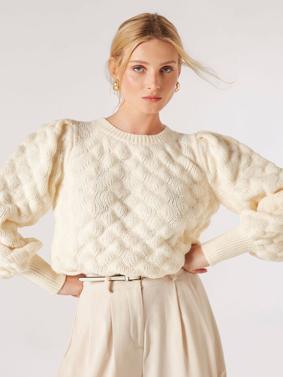 Blasenstrickpullover, Creme, groß