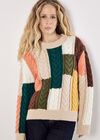 Colour Block Chunky Knit Cable Jumper, Stone, large